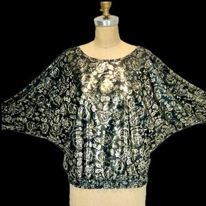 VINTAGE 80s metallic shiny gold dolman batwing sleeve top shirt floral‎ formal